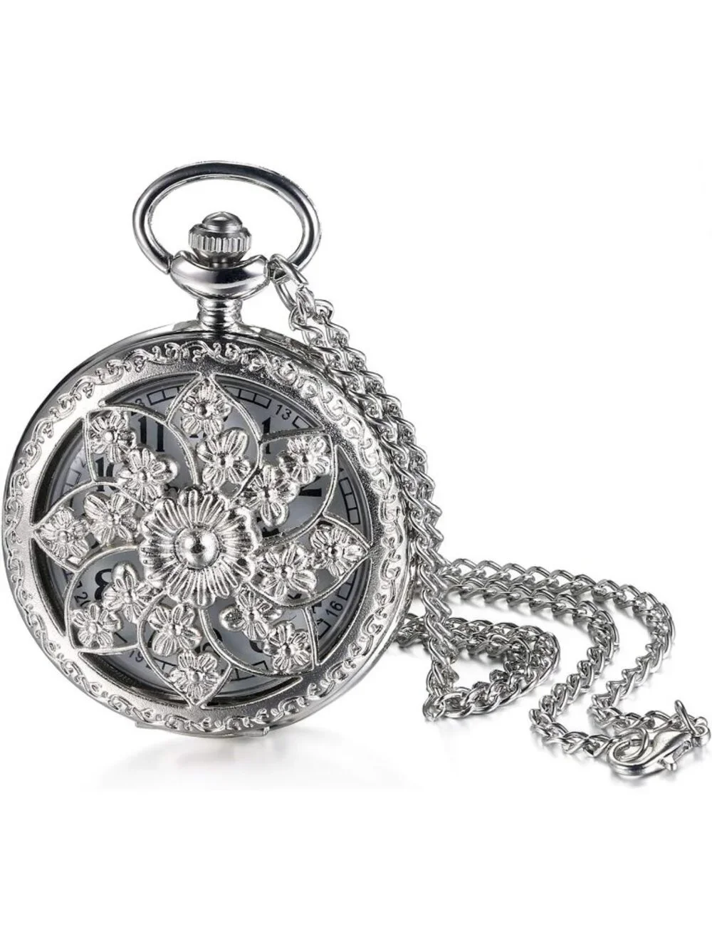 Womens Silver Quartz Antique Bronze Retro Hollow Rose Flowers Round Pocket Watch